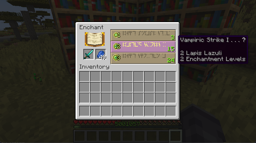 Image showing off an enchantment table with the Vampiric Strike enchantment in